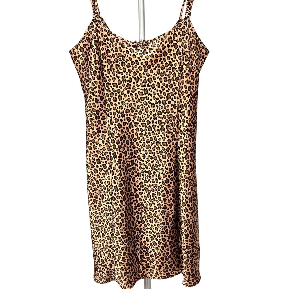 Women's Y2K Medium Leopard Print Satin Chemise Slip Mini Dress Soft Grunge